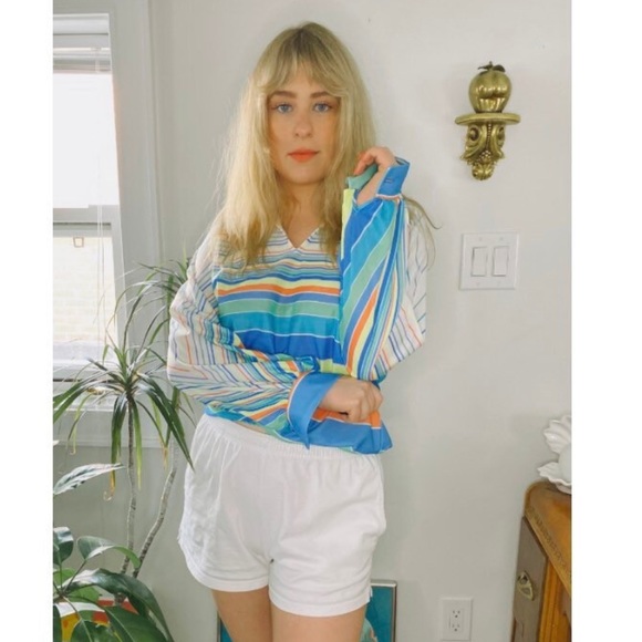 Vintage White Long Sleeved Blouse with Elastic Hem in Neon Stripes - Size Medium - Picture 2 of 9